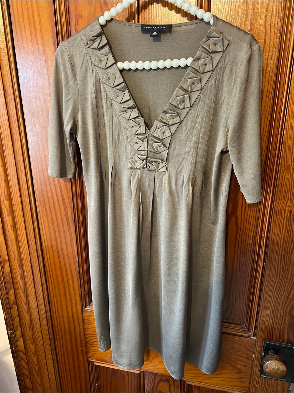 Banana Republic Olive V-Neck Pleated Midi Dress